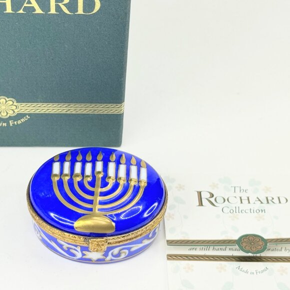 Limoges Navy blue Hanukkah Menorah Limoges Box in original box A652